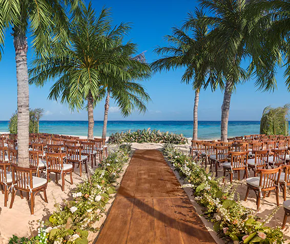 Beachfront destination wedding ceremony aisle lined with palm trees and flowers